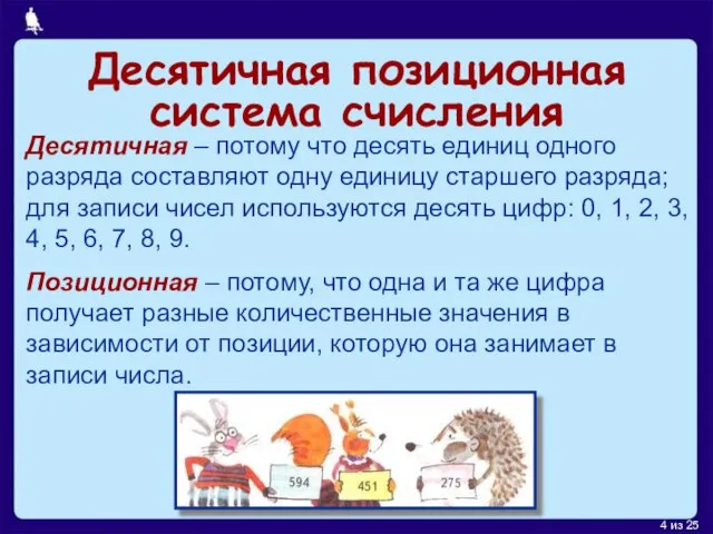 Десятичная позиционная система счисления Десятичная – потому что десять единиц одного разряда