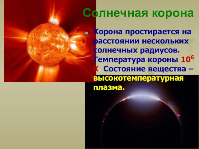 Солнечная корона Корона простирается на расстоянии нескольких солнечных радиусов. Температура короны 106