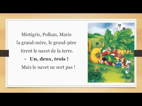 Mistigris, Polkan, Marie la grand-mère, le grand-père tirent le navet de la