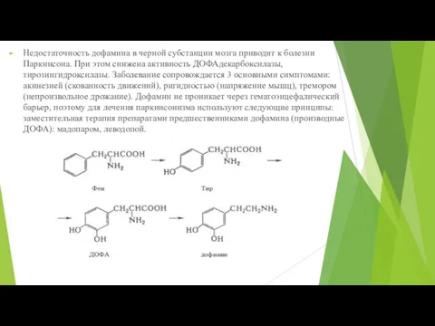 Недостаточность дофамина в черной субстанции мозга приводит к болезни Паркинсона. При этом