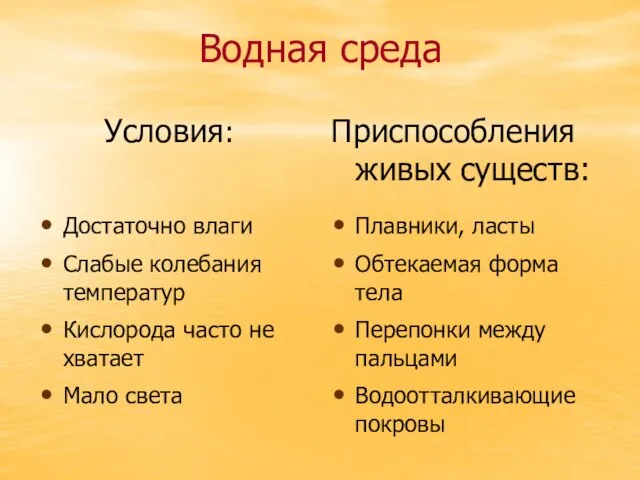 Водная среда Условия: Приспособления живых существ: Достаточно влаги Слабые колебания температур Кислорода