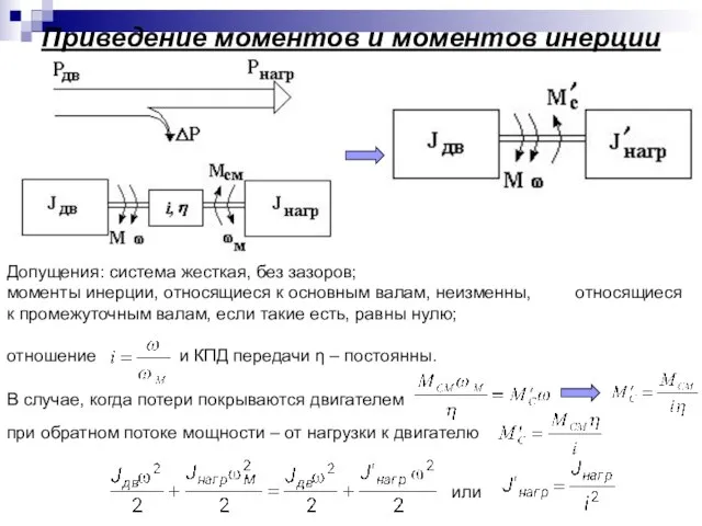 Приведение моментов и моментов инерции Допущения: система жесткая, без зазоров; моменты инерции,