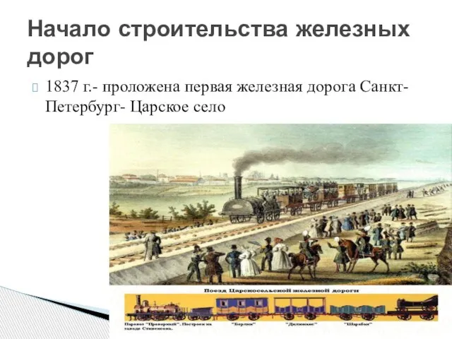 1837 г.- проложена первая железная дорога Санкт-Петербург- Царское село Начало строительства железных дорог