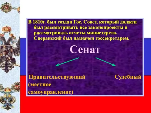 В 1810г. был создан Гос. Совет, который должен был рассматривать все законопроекты