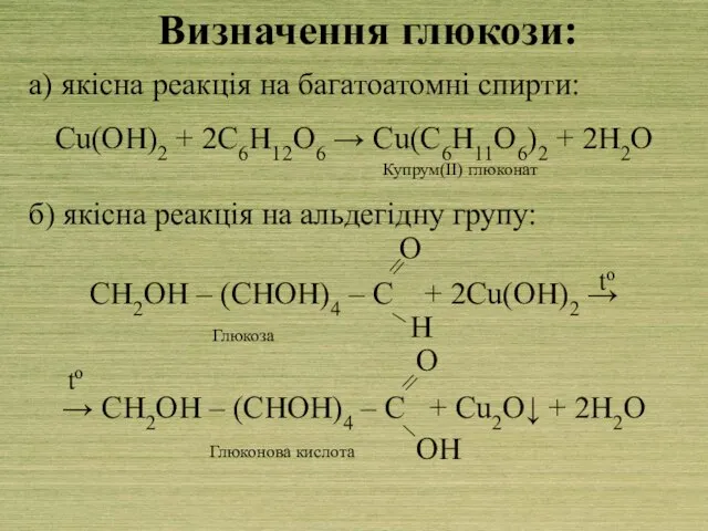 Визначення глюкози: а) якісна реакція на багатоатомні спирти: Cu(OH)2 + 2C6H12O6 →