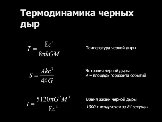 Термодинамика черных дыр Температура черной дыры Энтропия черной дыры A – площадь