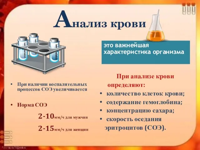 Анализ крови При наличии воспалительных процессов СОЭ увеличивается Норма СОЭ 2-10мм/ч для