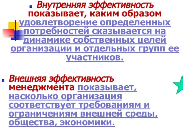 Внутренняя эффективность показывает, каким образом удовлетворение определенных потребностей сказывается на динамике собственных