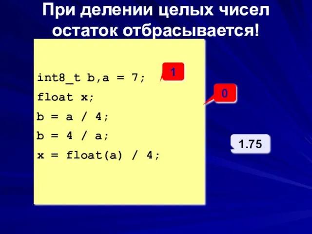 При делении целых чисел остаток отбрасывается! int8_t b,a = 7; float x;