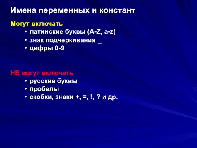 Имена переменных и констант Могут включать латинские буквы (A-Z, a-z) знак подчеркивания