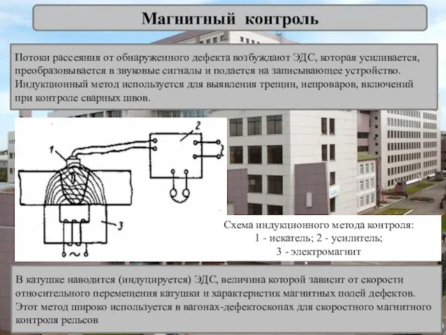 Магнитный контроль 7 Потоки рассеяния от обнаруженного дефекта возбуждают ЭДС, которая усиливается,