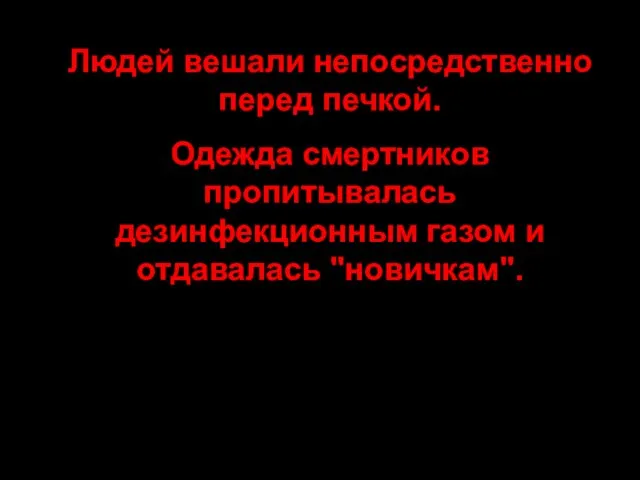 Людей вешали непосредственно перед печкой. Одежда смертников пропитывалась дезинфекционным газом и отдавалась "новичкам".