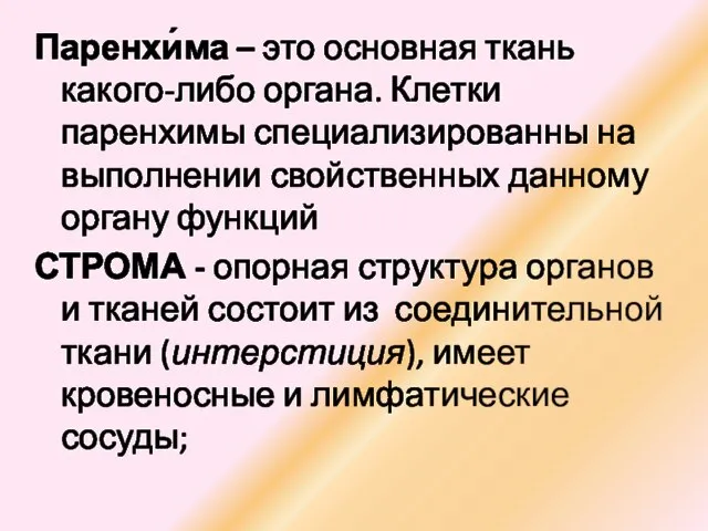 Паренхи́ма – это основная ткань какого-либо органа. Клетки паренхимы специализированны на выполнении