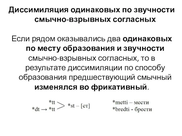 Диссимиляция одинаковых по звучности смычно-взрывных согласных Если рядом оказывались два одинаковых по