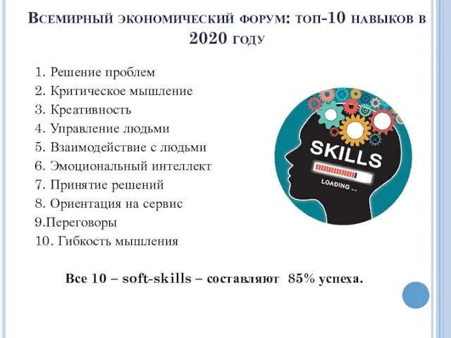 Всемирный экономический форум: топ-10 навыков в 2020 году 1. Решение проблем 2.