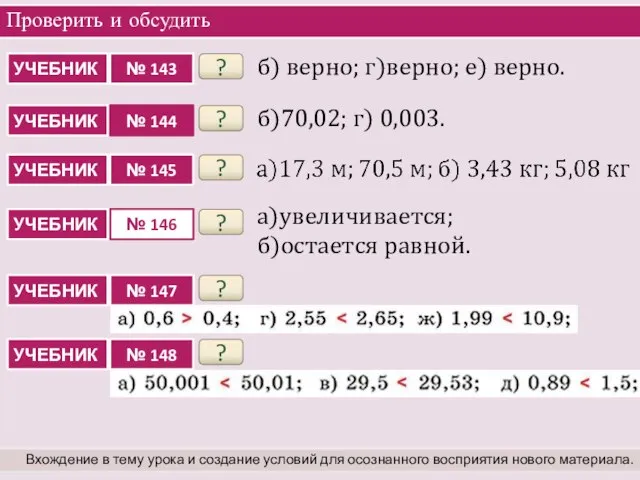 Проверить и обсудить Вхождение в тему урока и создание условий для осознанного