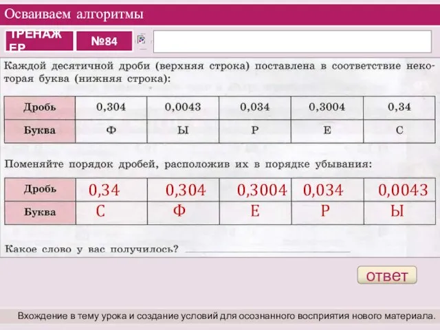 Осваиваем алгоритмы Вхождение в тему урока и создание условий для осознанного восприятия