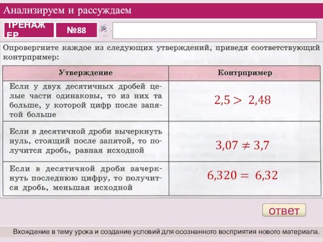 Анализируем и рассуждаем Вхождение в тему урока и создание условий для осознанного