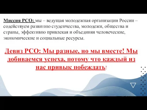 Миссия РСО: мы – ведущая молодежная организации России – содействуем развитию студенчества,