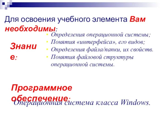 Для освоения учебного элемента Вам необходимы: Знание: Определения операционной системы; Понятия «интерфейса»,