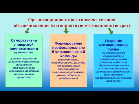 Организационно-педагогические условия, обеспечивающие благоприятную мотивационную среду Саморазвитие лидерской компетентности руководителя (знание стратегии