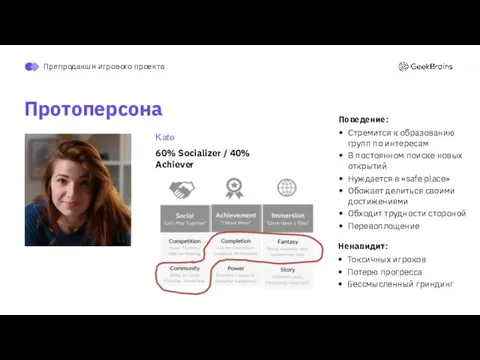 Протоперсона Kate 60% Socializer / 40% Achiever Поведение: Стремится к образованию групп