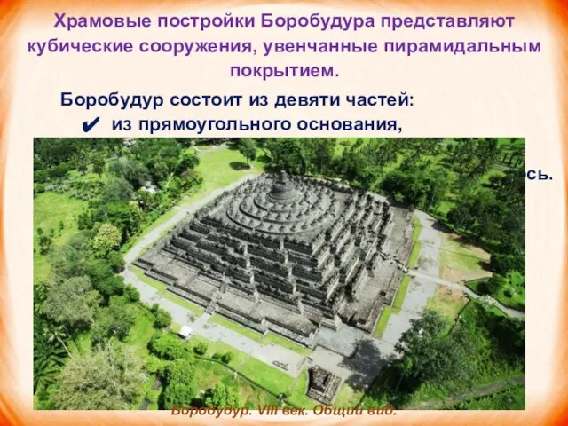 Храмовые постройки Боробудура представляют кубические сооружения, увенчанные пирамидальным покрытием. Боробудур состо­ит из