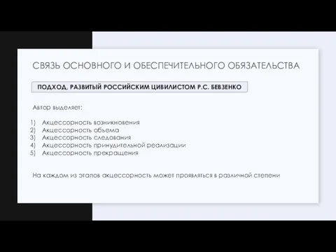 СВЯЗЬ ОСНОВНОГО И ОБЕСПЕЧИТЕЛЬНОГО ОБЯЗАТЕЛЬСТВА Автор выделяет: Акцессорность возникновения Акцессорность объема Акцессорность