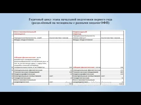 Годичный цикл этапа начальной подготовки первого года (разделённый на мезоциклы с разными видами ОФП)