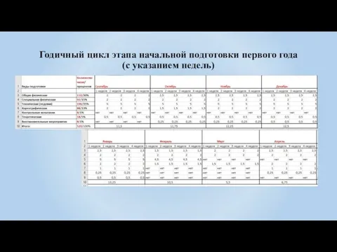 Годичный цикл этапа начальной подготовки первого года (с указанием недель)