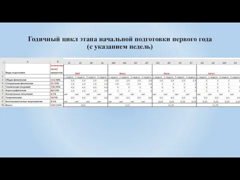 Годичный цикл этапа начальной подготовки первого года (с указанием недель)