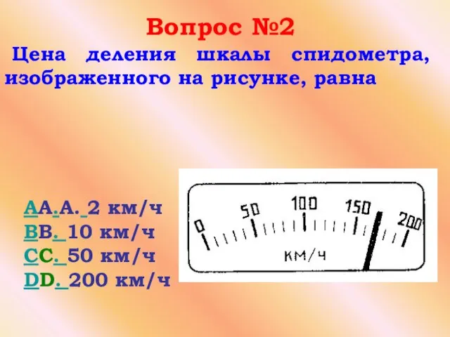 Вопрос №2 Цена деления шкалы спидометра, изображенного на рисунке, равна AA.A. 2