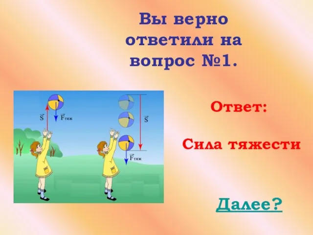 Вы верно ответили на вопрос №1. Далее? Ответ: Сила тяжести