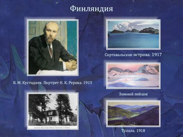 Финляндия Сортавальские острова. 1917 Зимний пейзаж Тулола. 1918 Б. М. Кустодиев. Портрет Н. К. Рериха. 1915