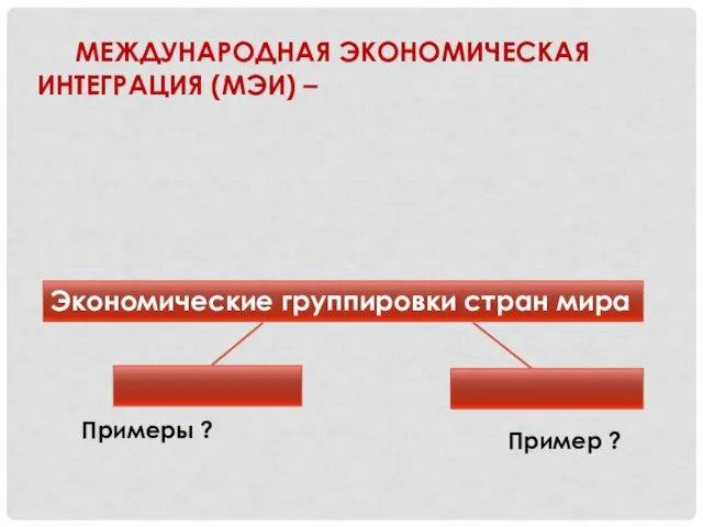 МЕЖДУНАРОДНАЯ ЭКОНОМИЧЕСКАЯ ИНТЕГРАЦИЯ (МЭИ) – Экономические группировки стран мира Примеры ? Пример ?