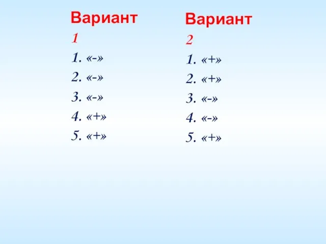 Вариант 1 1. «-» 2. «-» 3. «-» 4. «+» 5. «+»