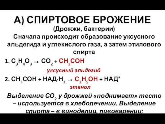 А) СПИРТОВОЕ БРОЖЕНИЕ (Дрожжи, бактерии) Сначала происходит образование уксусного альдегида и углекислого