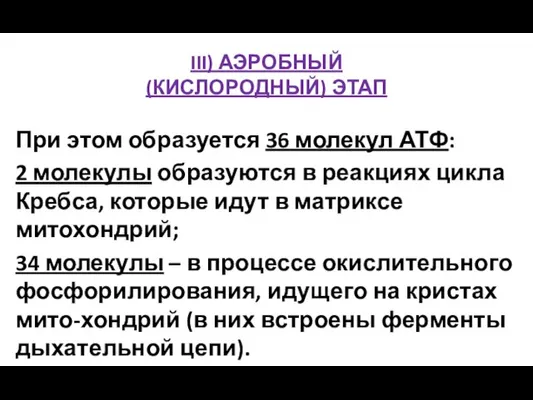 III) АЭРОБНЫЙ (КИСЛОРОДНЫЙ) ЭТАП При этом образуется 36 молекул АТФ: 2 молекулы