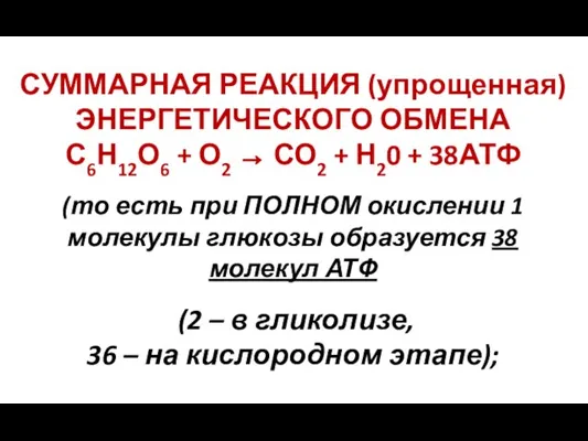 СУММАРНАЯ РЕАКЦИЯ (упрощенная) ЭНЕРГЕТИЧЕСКОГО ОБМЕНА С6Н12О6 + О2 → СО2 + Н20