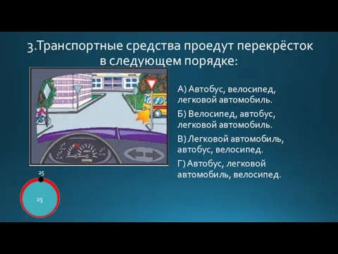 3.Транспортные средства проедут перекрёсток в следующем порядке: А) Автобус, велосипед, легковой автомобиль.