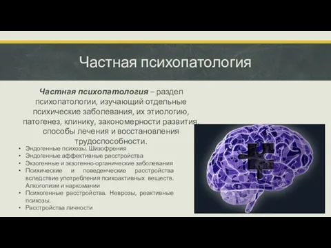 Частная психопатология Частная психопатология – раздел психопатологии, изучающий отдельные психические заболевания, их