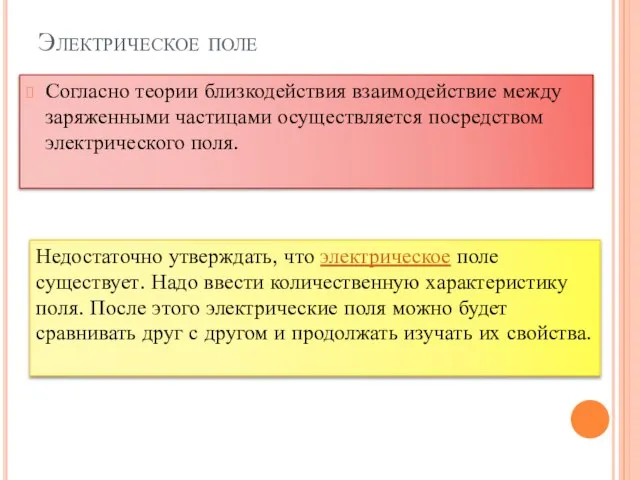 Электрическое поле Согласно теории близкодействия взаимодействие между заряженными частицами осуществляется посредством электрического