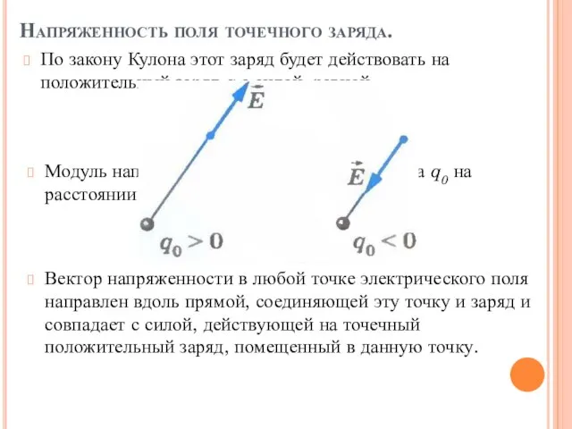 Напряженность поля точечного заряда. По закону Кулона этот заряд будет действовать на