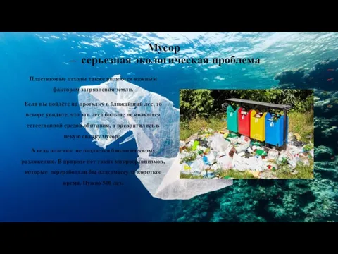 Мусор – серьезная экологическая проблема Пластиковые отходы также являются важным фактором загрязнения