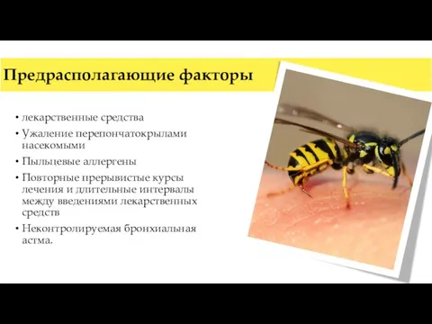 Предрасполагающие факторы лекарственные средства Ужаление перепончатокрылами насекомыми Пыльцевые аллергены Повторные прерывистые курсы