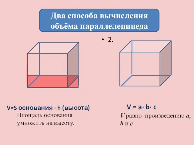 2. Два способа вычисления объёма параллелепипеда Площадь основания умножить на высоту. V=S