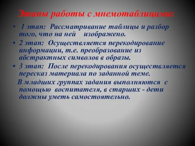 Этапы работы с мнемотаблицами: 1 этап: Рассматривание таблицы и разбор того, что