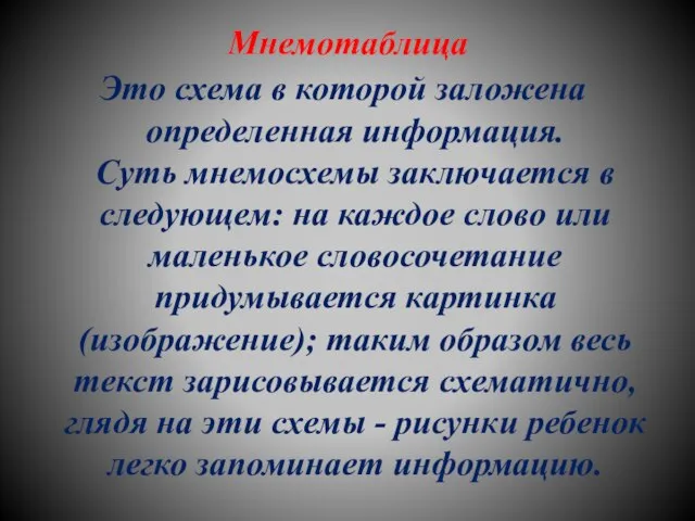 Мнемотаблица Это схема в которой заложена определенная информация. Суть мнемосхемы заключается в