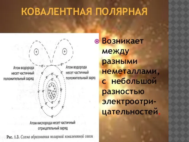 КОВАЛЕНТНАЯ ПОЛЯРНАЯ Возникает между разными неметаллами, с небольшой разностью электроотри-цательностей.