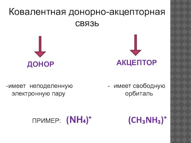 Ковалентная донорно-акцепторная связь ДОНОР АКЦЕПТОР имеет неподеленную - имеет свободную электронную пару орбиталь ПРИМЕР: (NH₄)⁺ (CH₃NH₃)⁺